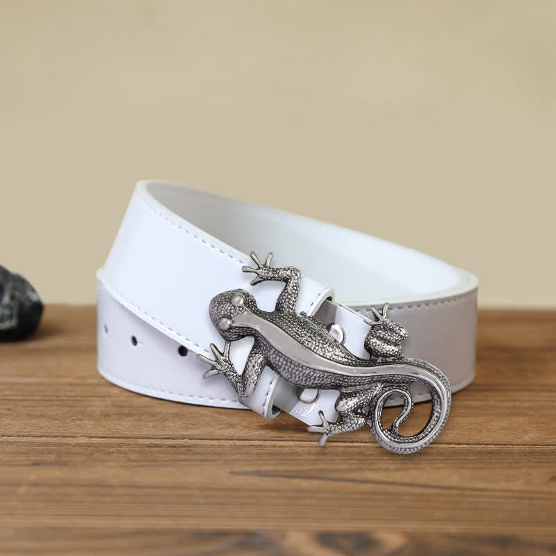 Ceinture en cuir à boucle unique en forme de lézard argenté pour homme