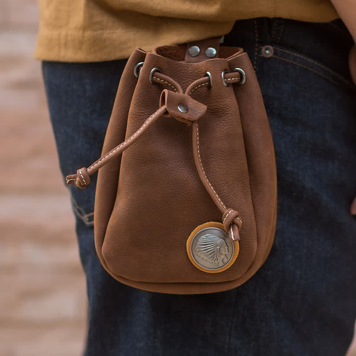 Petit portefeuille, porte-monnaie, sac ceinture en cuir avec cordon de serrage
