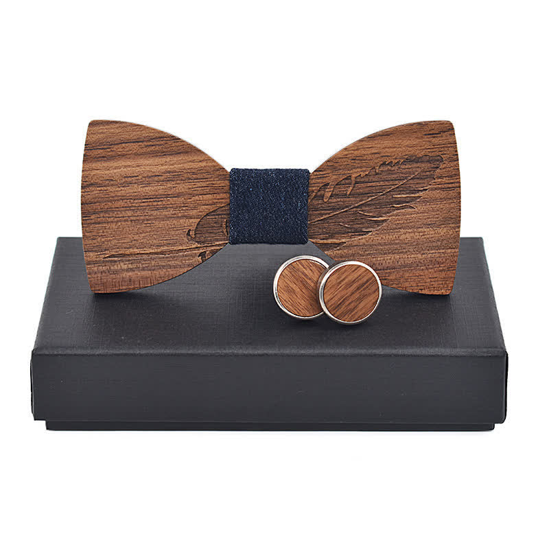 Lot de 2 noeuds papillon en bois gravés en plumes pour homme