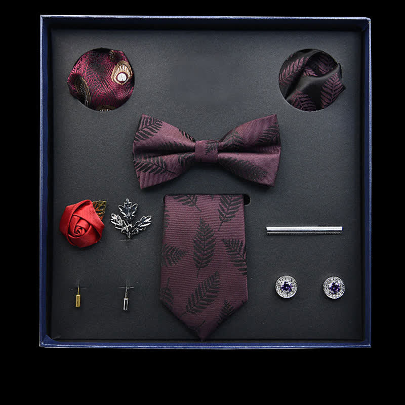 Lot de 8 nœuds papillon vintage marron en forme de feuille, coffret cadeau - Bordeaux - image 0