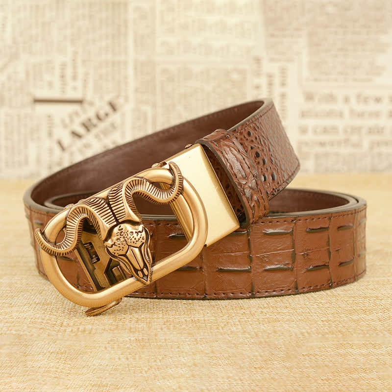 Ceinture en cuir à boucle automatique pour homme avec imprimé crocodile et tête de chèvre