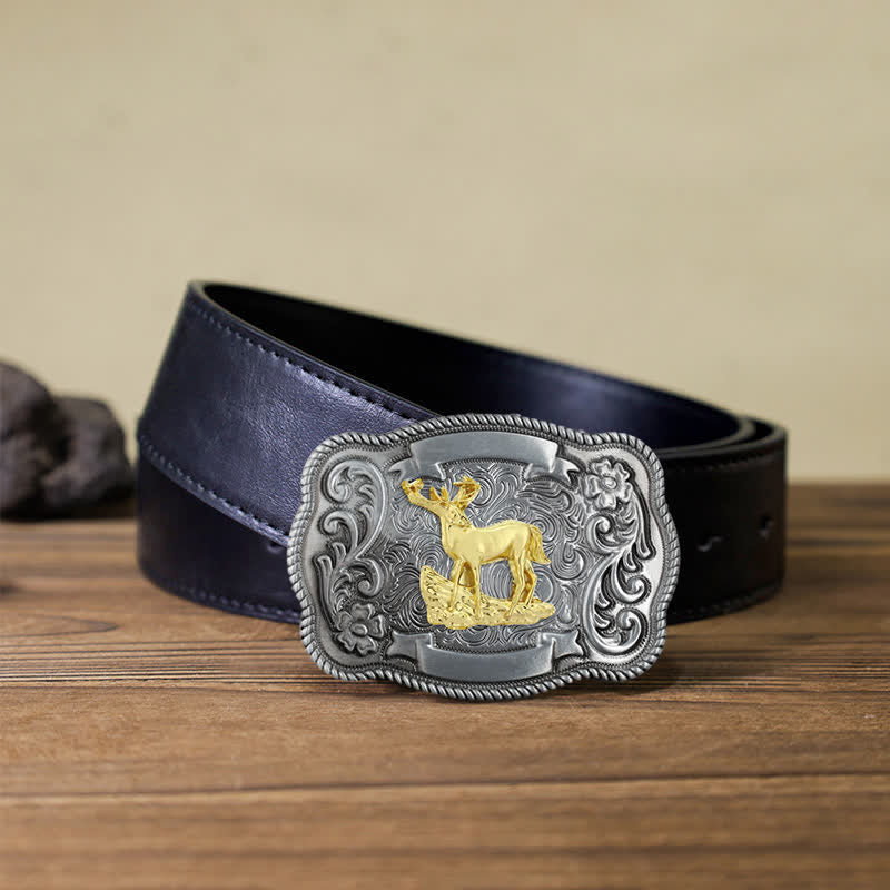 Ceinture en cuir à boucle animalière sculptée en or pour homme - Cerf - Ceinture en PU noir (40) - image 30