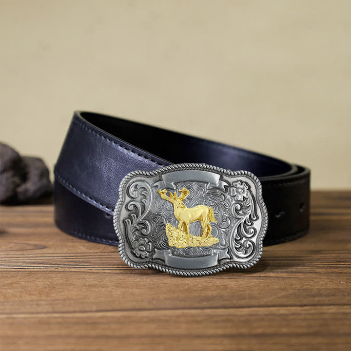 Ceinture en cuir à boucle animalière sculptée en or pour homme - Cerf - Ceinture en PU noir (40) - image 30