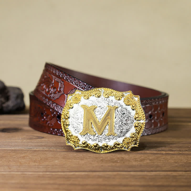 Ceinture en cuir pour homme avec boucle initiale dorée - M - Ceinture marron sculptée (40) - image 5