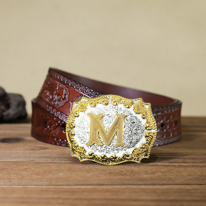 Ceinture en cuir pour homme avec boucle initiale dorée - M - Ceinture marron sculptée (40) - image 5