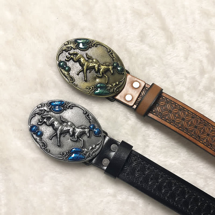 Ceinture en cuir synthétique avec pierres précieuses et doubles chevaux pour homme