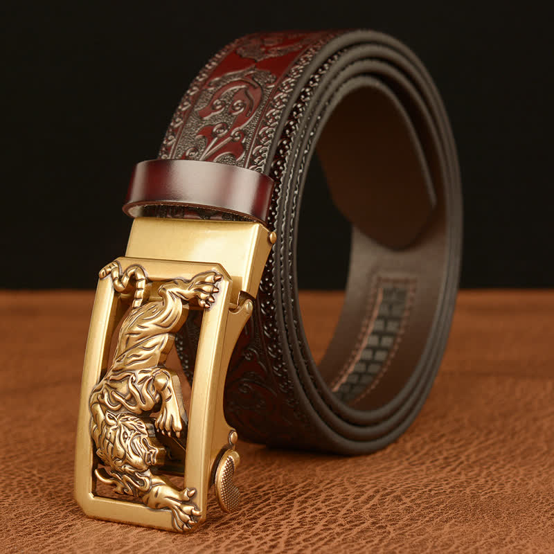 Ceinture en cuir à motif floral en relief avec boucle tigrée pour homme