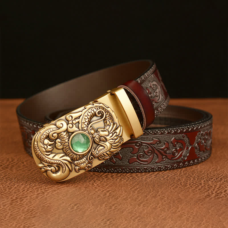 Ceinture en cuir pour homme avec pierre précieuse gravée en forme de dragon