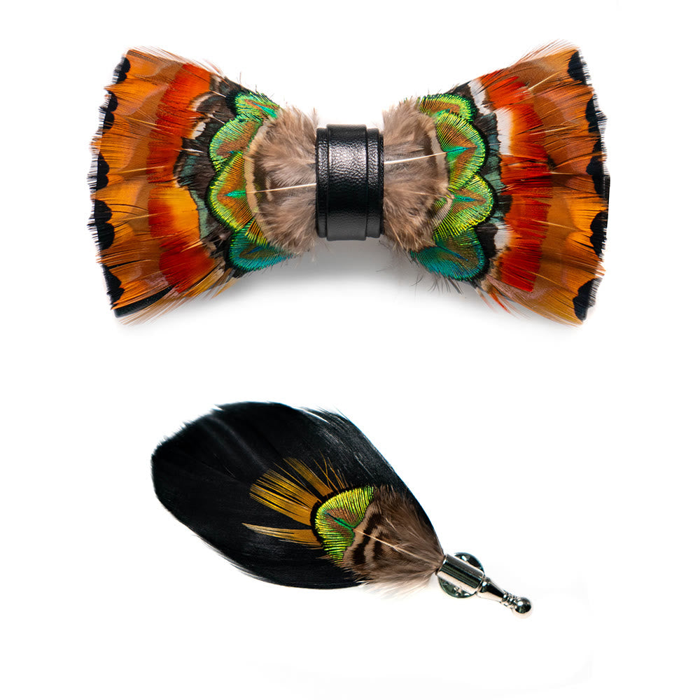 Nœud papillon en plumes de phénix orange avec épingle à revers