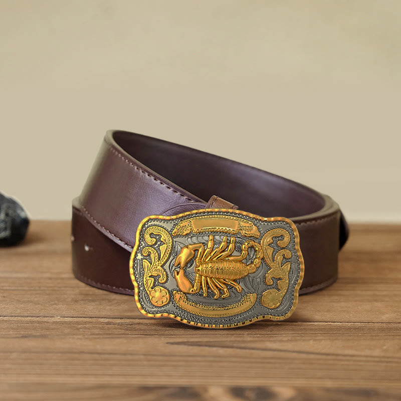 Ceinture en cuir à boucle scorpion doré pour homme