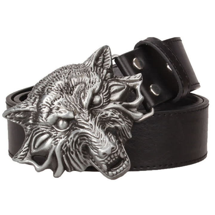 Ceinture en cuir pour homme avec gravure d'animaux en tête de loup féroce