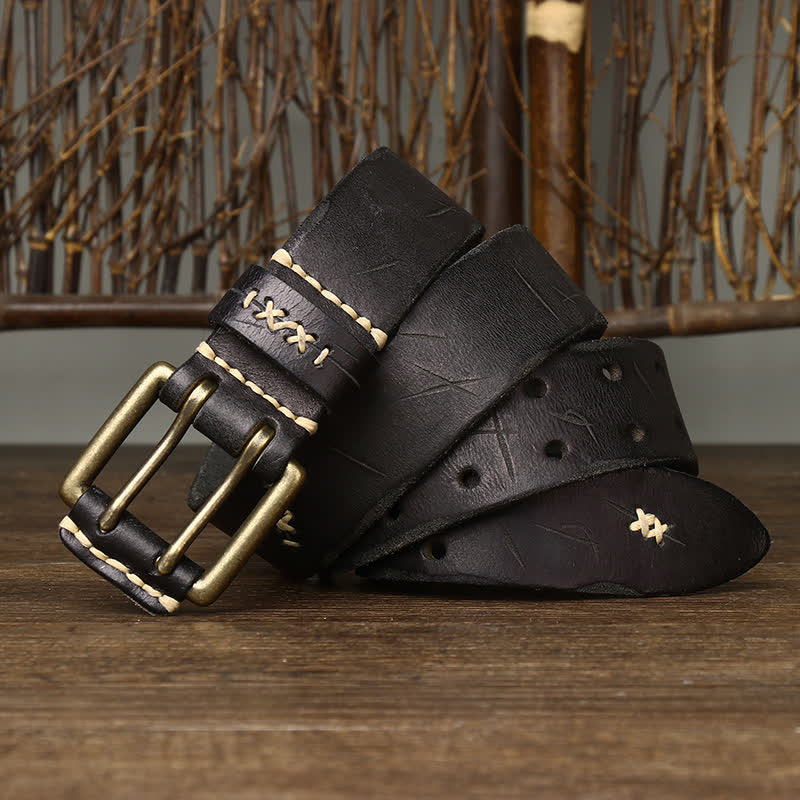 Ceinture en cuir à double boucle pour homme, effet vieilli