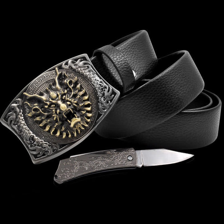 Ceinture en cuir pour homme avec dragon courageux et couteau pliant