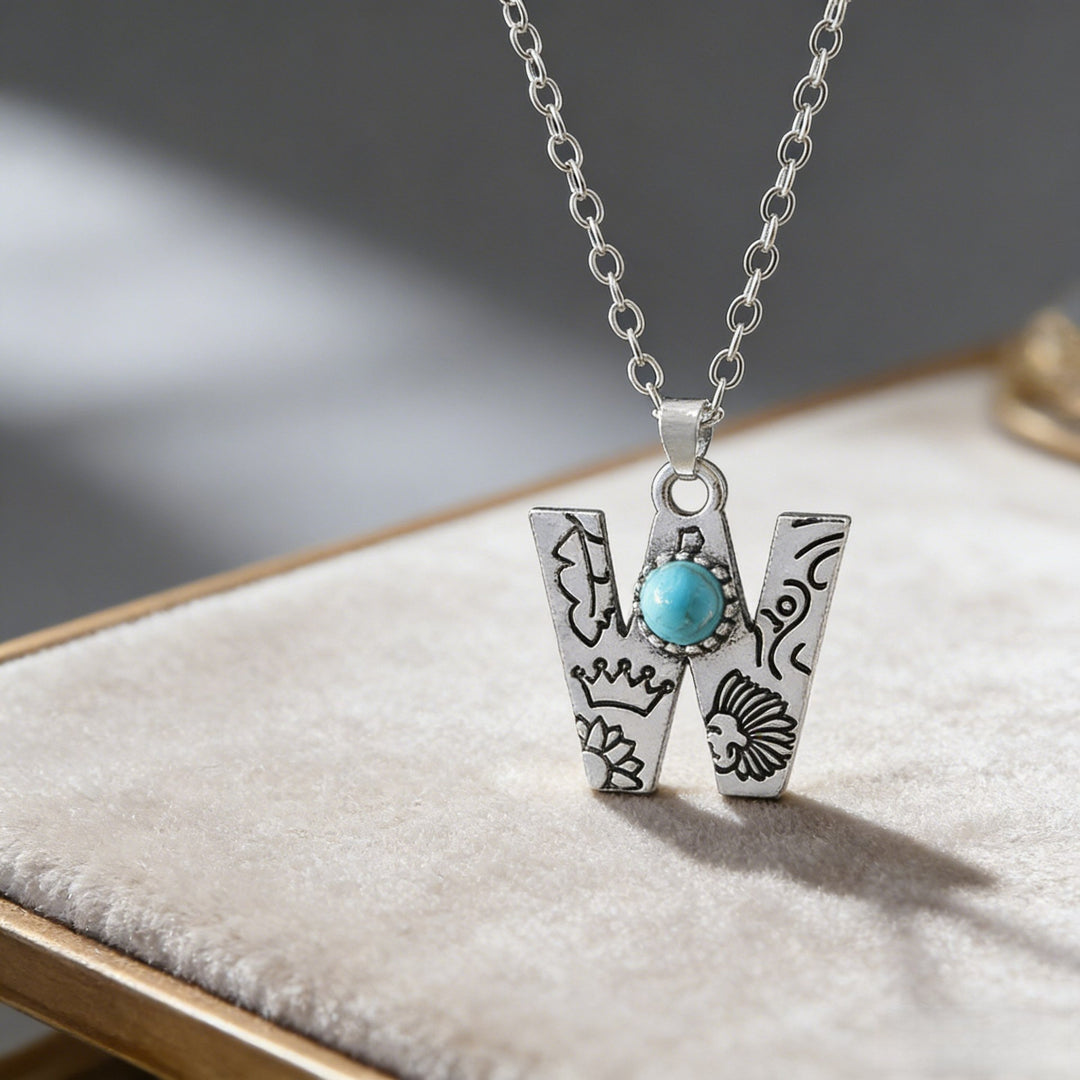 Collier vintage avec pendentif turquoise et initiale - W - image 27
