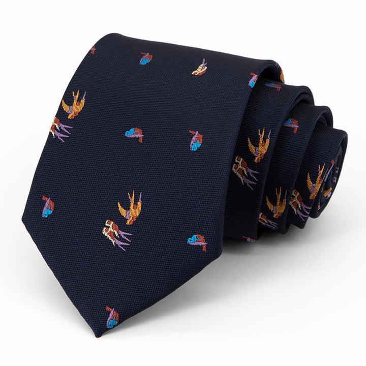 Cravate bleu foncé pour homme avec oiseaux volants colorés