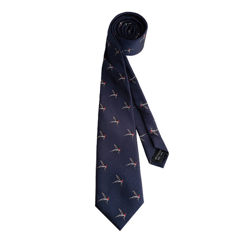 Cravate tissée brodée bleu marine pour homme avec motif hirondelle