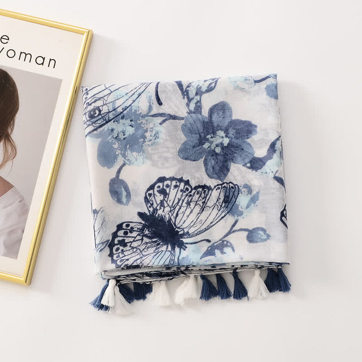 Écharpe fine à pompon et motif papillons floraux pour femme