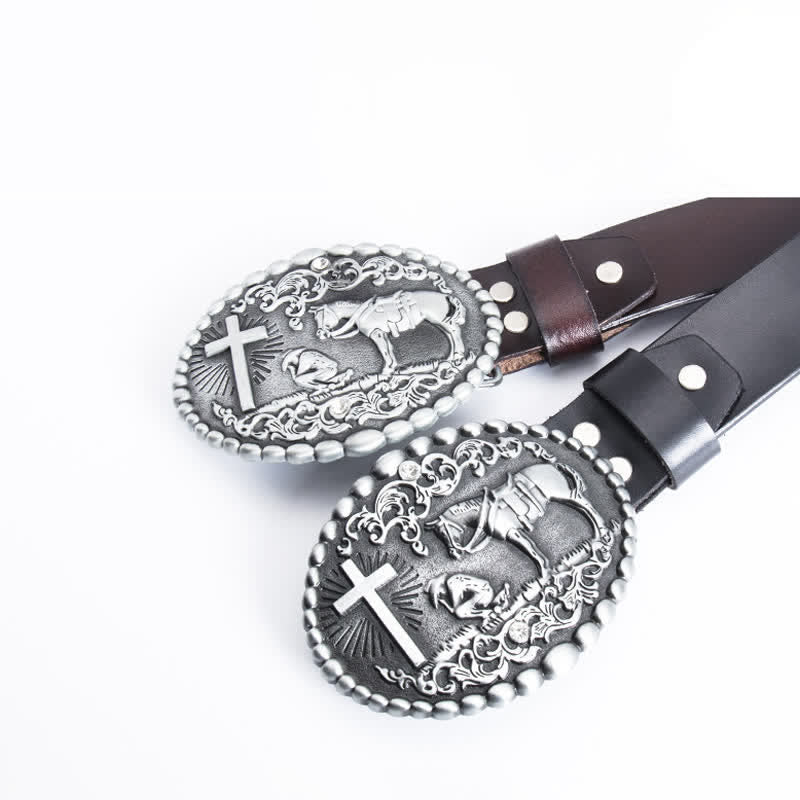 Ceinture en cuir pour homme avec croix de prière à genoux