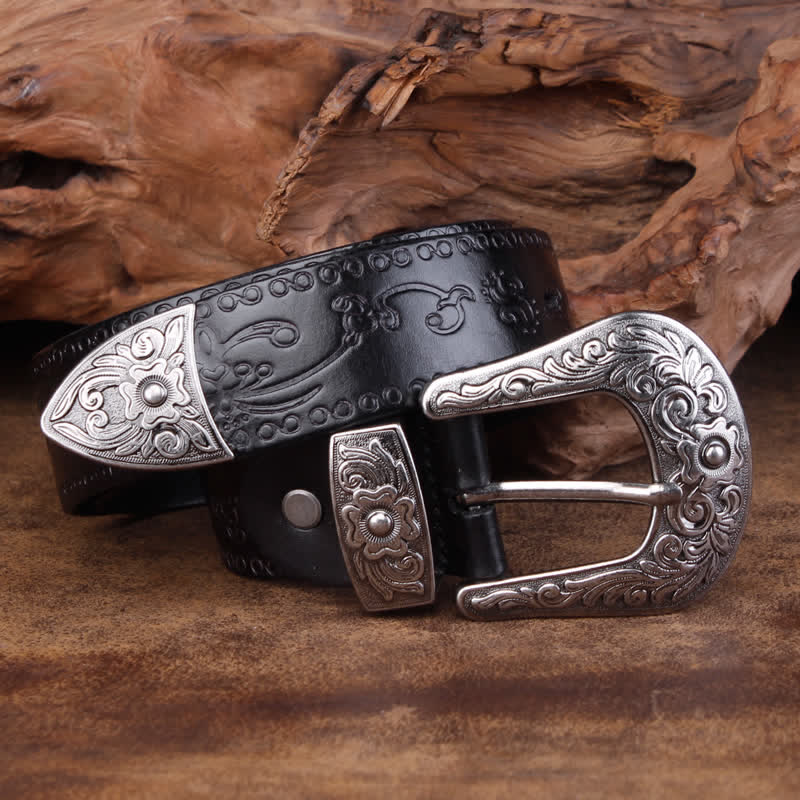 Ceinture unisexe en cuir à imprimé floral et texture rustique