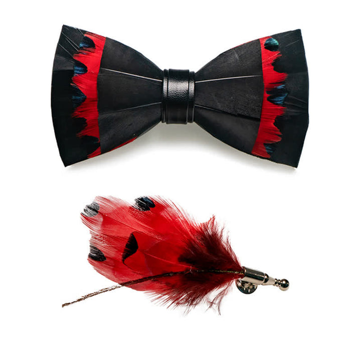 Nœud papillon en plumes de cygne noir et rouge pour enfant avec épingle à revers