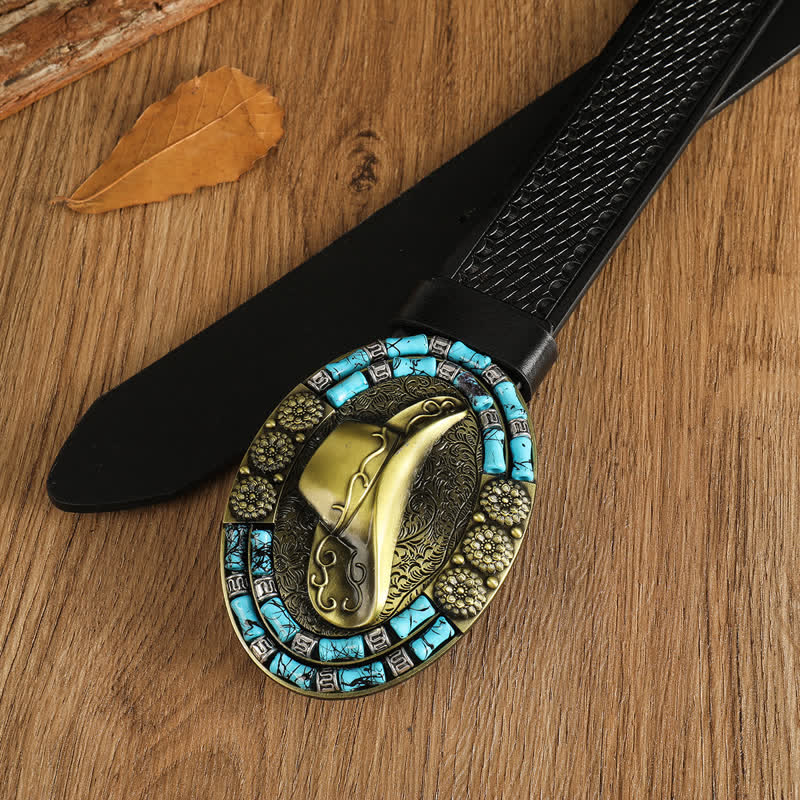 Ceinture en cuir avec chapeau de cowboy doré pour homme et décor turquoise