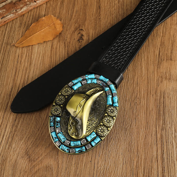Ceinture en cuir avec chapeau de cowboy doré pour homme et décor turquoise