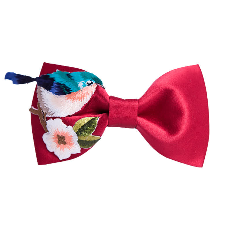 Nœud papillon brodé pour homme avec oiseau et fleur