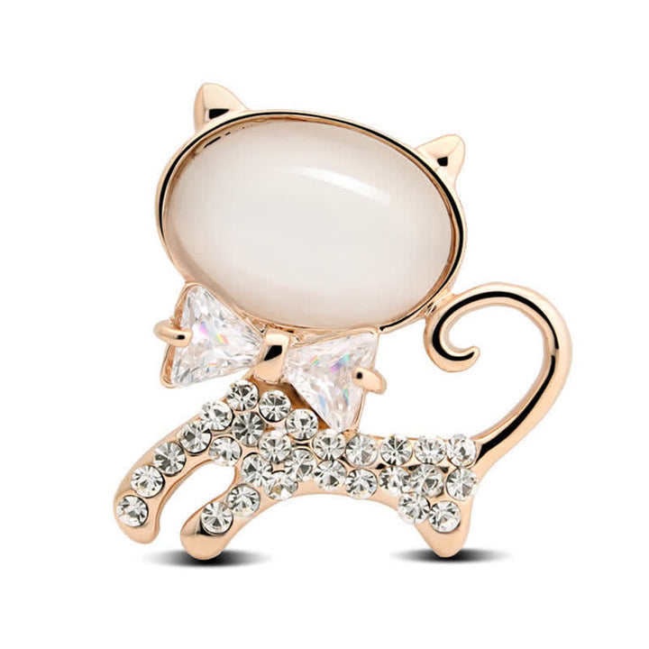 Broche pour femme en forme de chat opale avec noeud papillon