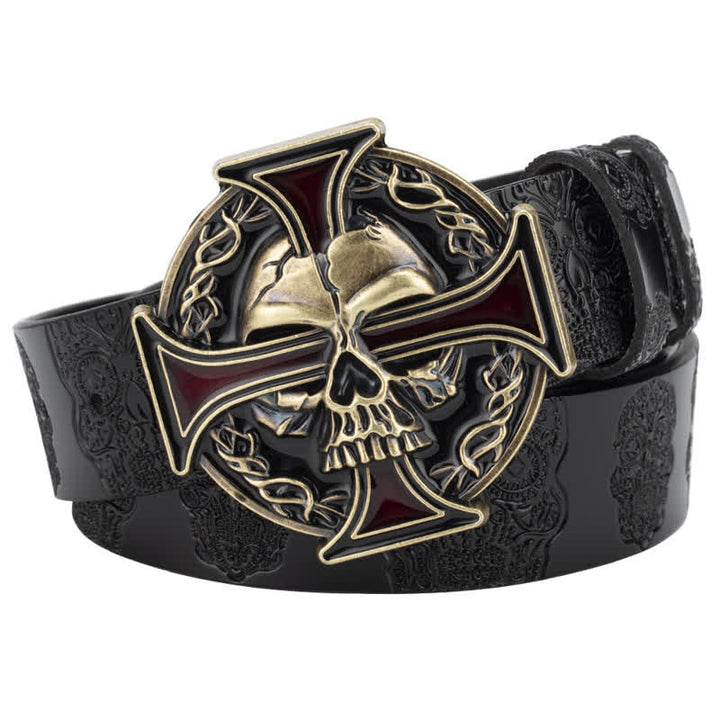Ceinture en cuir à motif tête de mort en relief pour homme
