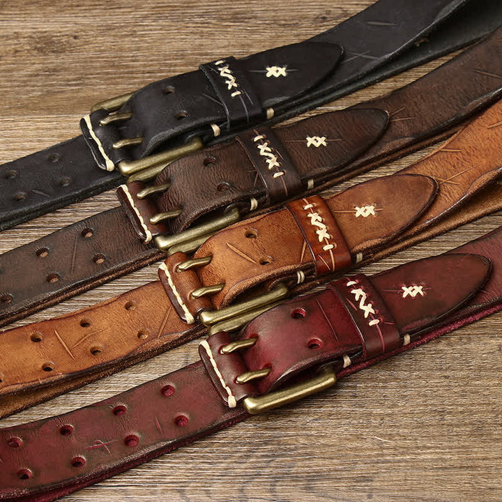 Ceinture en cuir à double boucle pour homme, effet vieilli