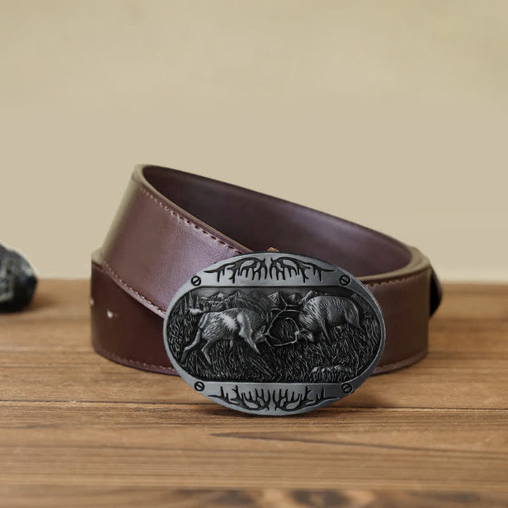 Ceinture en cuir western à boucle de cerf de combat sauvage pour homme