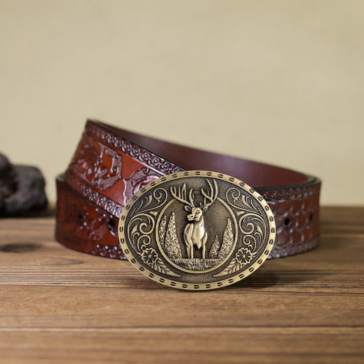 Ceinture en cuir à boucle ovale pour homme avec motif cerf forestier