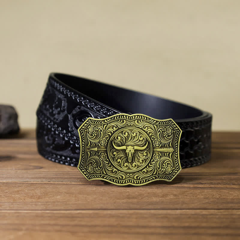 Ceinture en cuir à boucle en forme de flèche de taureau à longue corne pour homme