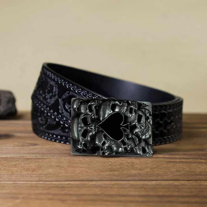 Ceinture en cuir à boucle tête de mort pour homme avec motif as de pique