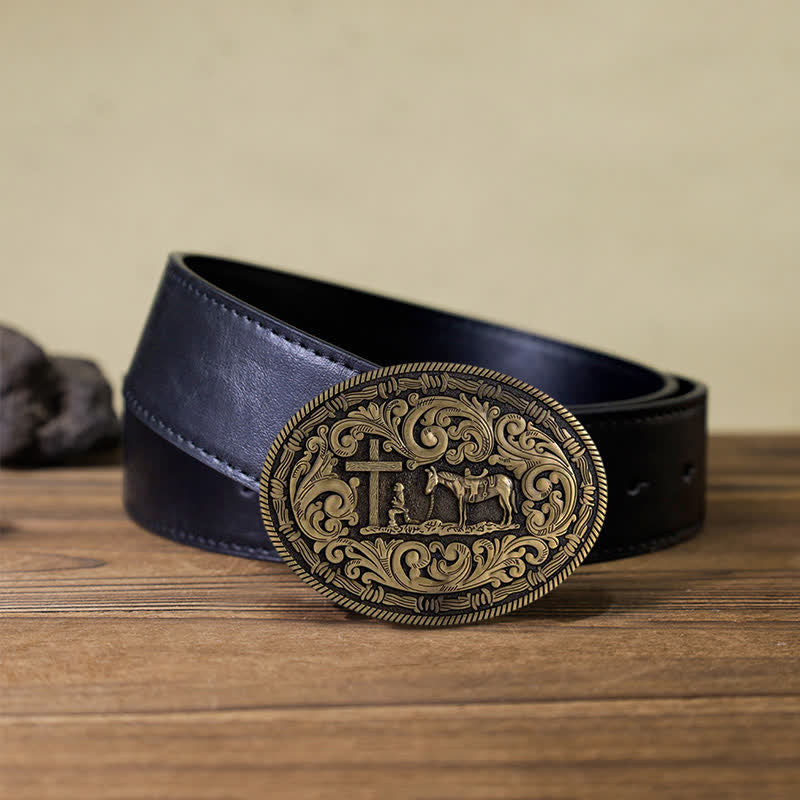 Ceinture en cuir à boucle ovale pour homme avec motif cowboy priant
