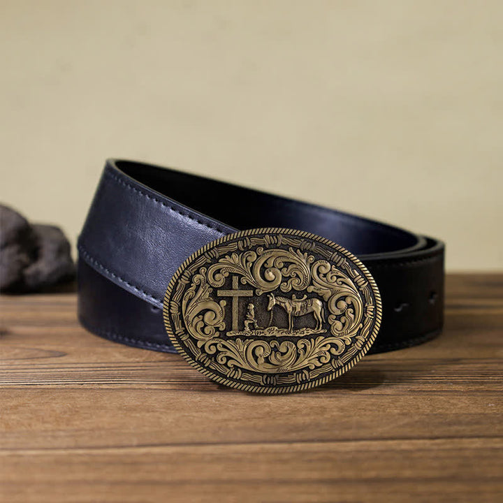 Ceinture en cuir à boucle ovale pour homme avec motif cowboy priant
