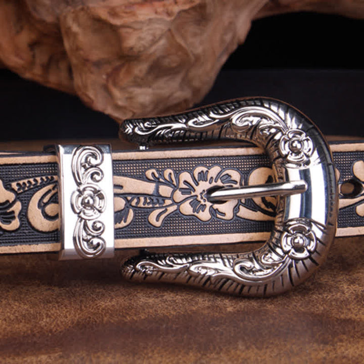Ceinture unisexe vintage en cuir avec petit motif rose en relief