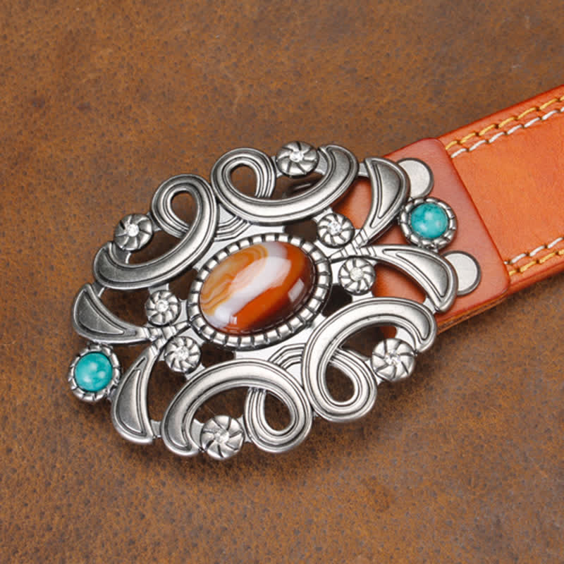 Ceinture unisexe en cuir avec pierre d'agate et fleur creuse turquoise