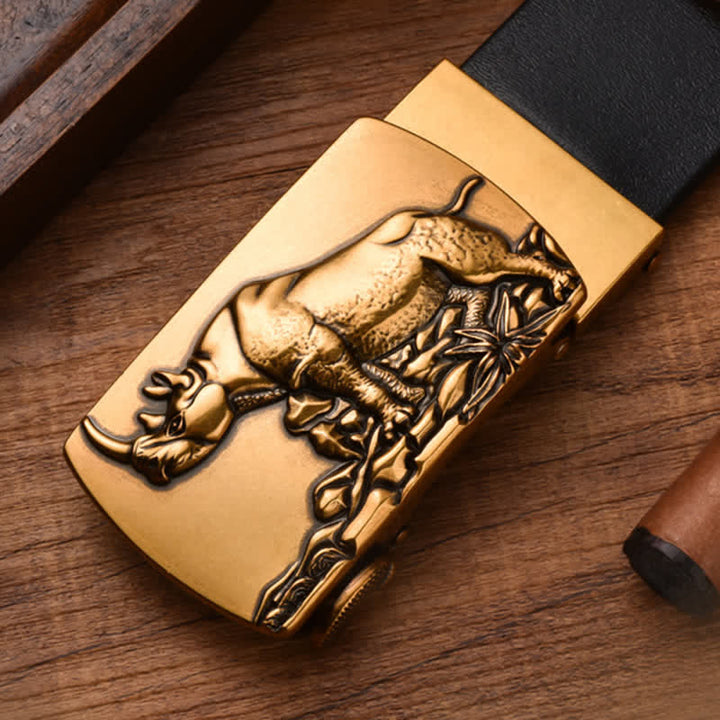 Ceinture en cuir à boucle automatique pour homme avec motif rhinocéros debout
