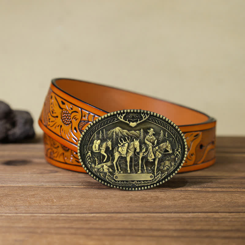 Ceinture en cuir à boucle pour homme avec motif de cheval de cow-boy