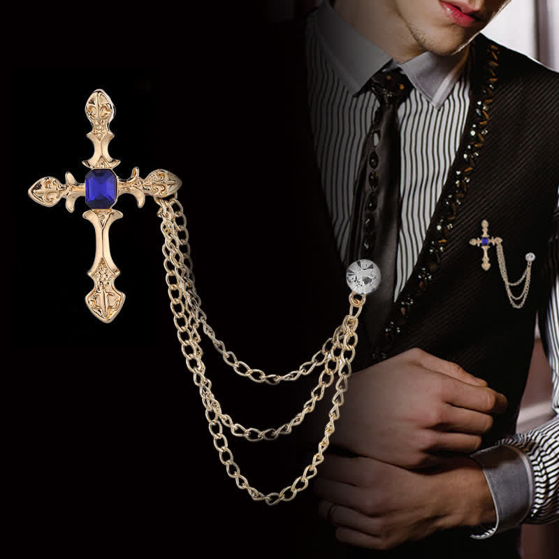 Broche classique en chaîne et cristal pour homme - Or et bleu - image 0