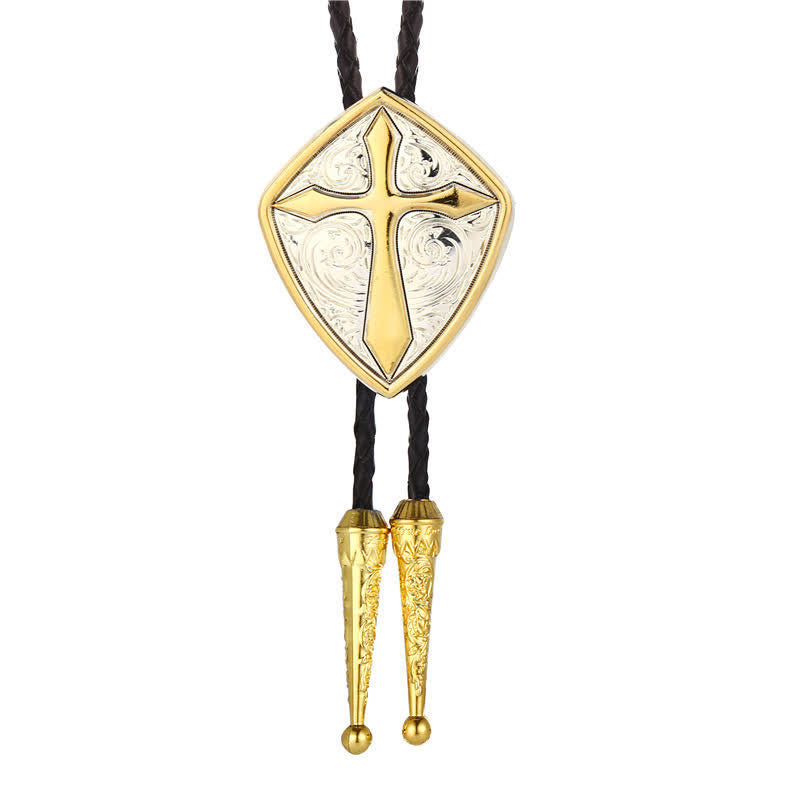 Cravate Bolo en forme de croix et de bouclier romain gravée à l'ancienne