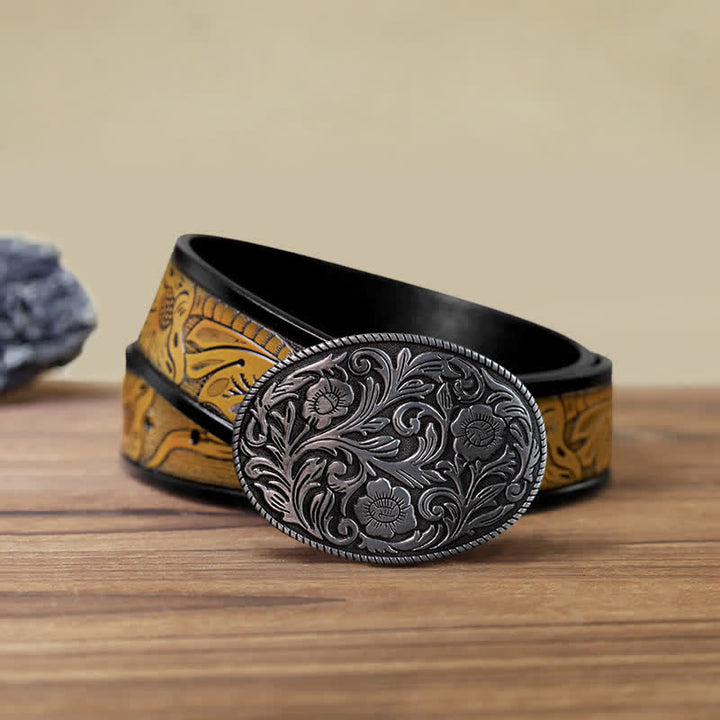 Ceinture en cuir à boucle ovale classique à motif floral pour homme