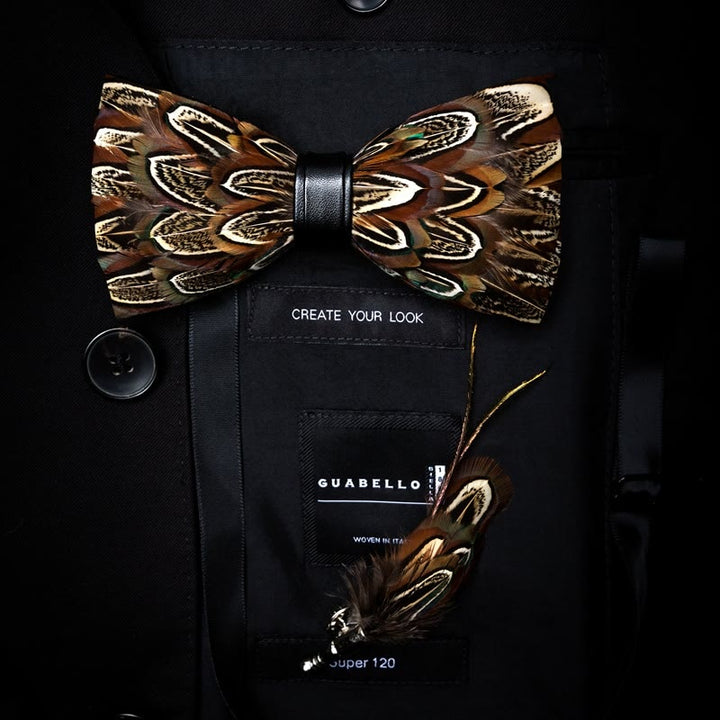 Nœud papillon en plumes de faisan marron pour enfant avec épingle à revers