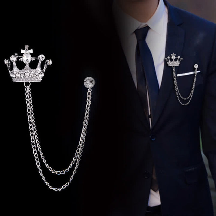 Broche en chaîne et strass pour homme avec couronne rétro