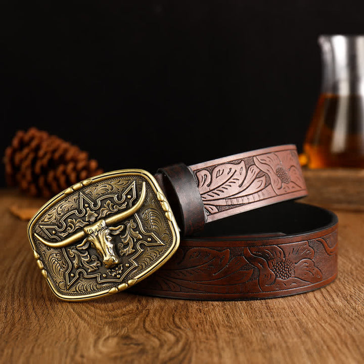 Ceinture en cuir imprimé tête de vache de style western pour homme