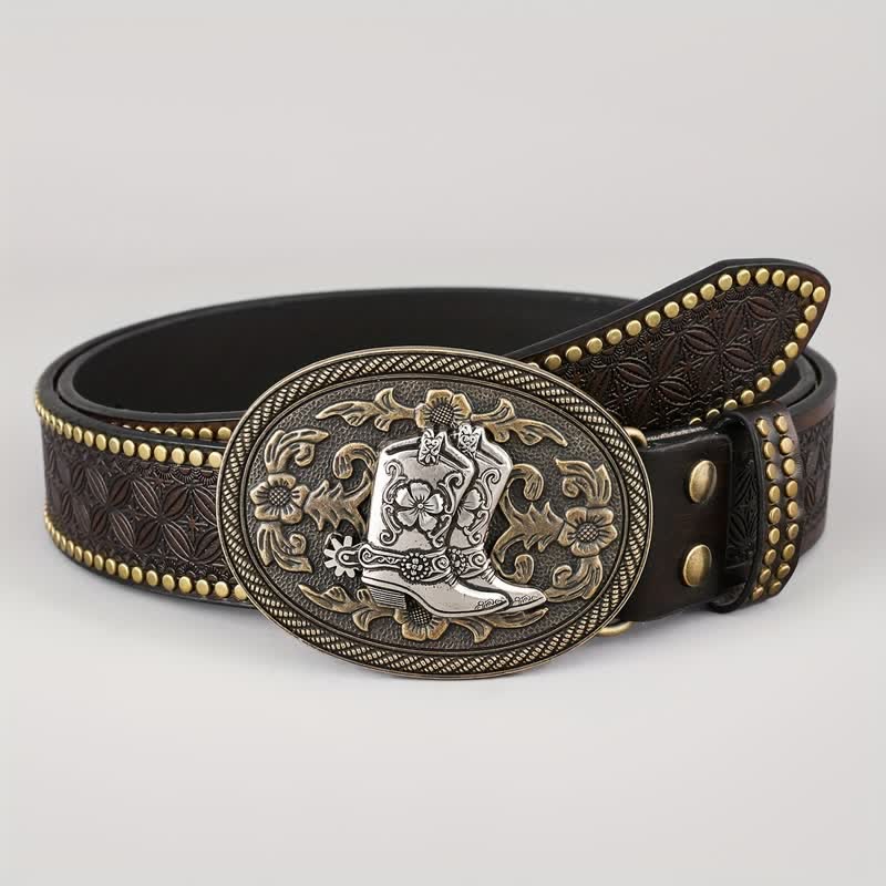 Ceinture en cuir à boucle ovale pour bottes rétro argentées pour hommes