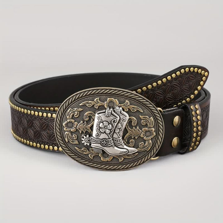 Ceinture en cuir à boucle ovale pour bottes rétro argentées pour hommes