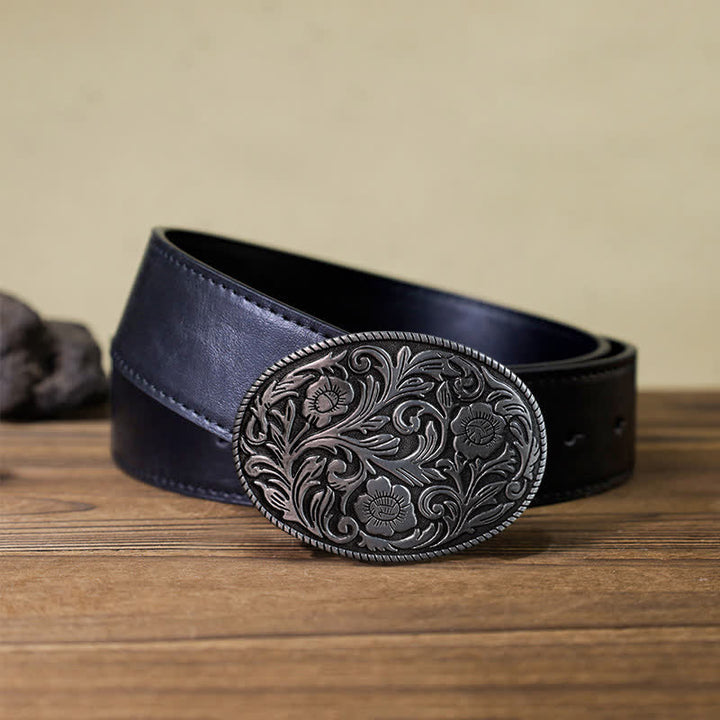 Ceinture en cuir à boucle ovale classique à motif floral pour homme