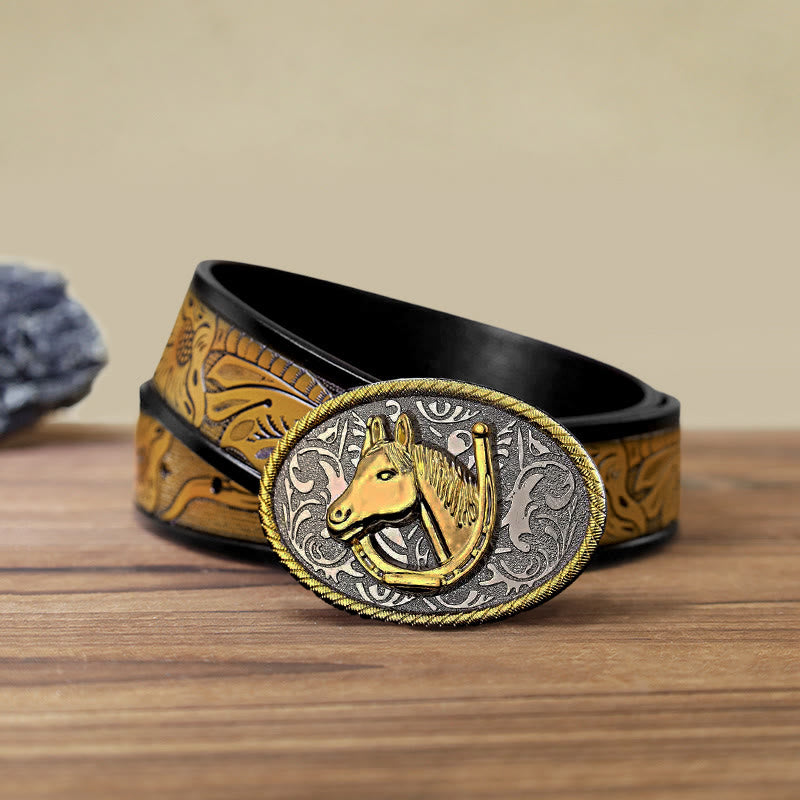 Ceinture en cuir à boucle en forme de fer à cheval doré pour homme
